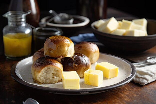 Plate of warm freshly baked rolls with melted butter created with generative ai