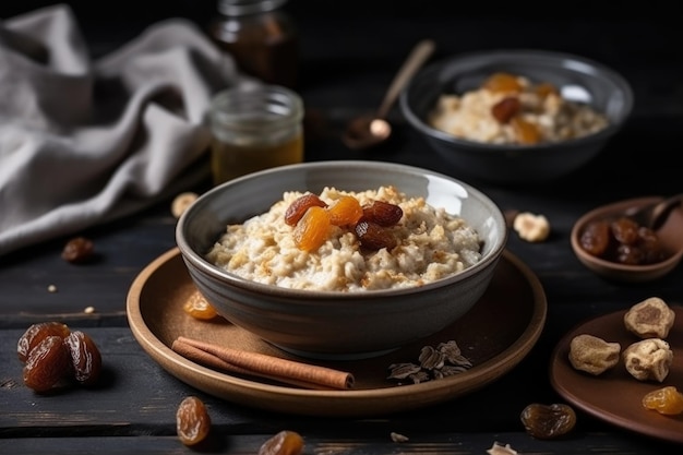 Plate of warm oatmeal with raisins and cinnamon created with generative ai