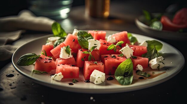 A plate of watermelon salad with feta cheese and basil