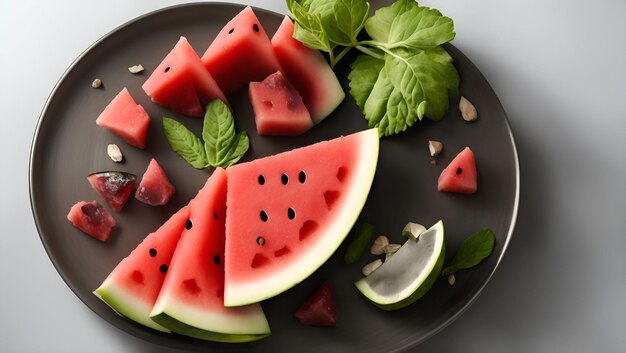 A plate of watermelon slices and mint leaves