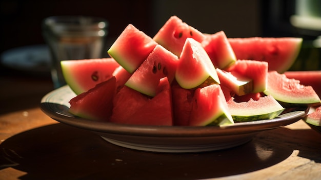 a plate of watermelon slices on a table