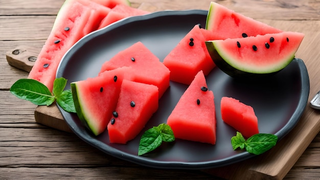 A plate of watermelon slices on a wooden table