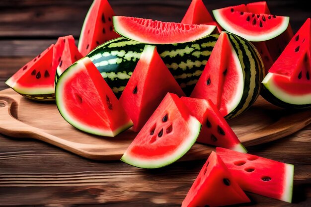 A plate of watermelon with a wooden board underneath