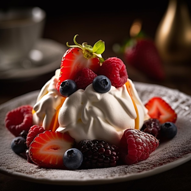 A plate of whipped cream with berries and a cup of coffee on the table.