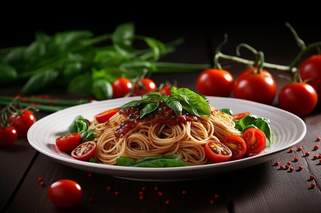 A plate of whole grain pasta with marinara sauce spinach and cherry tomatoes