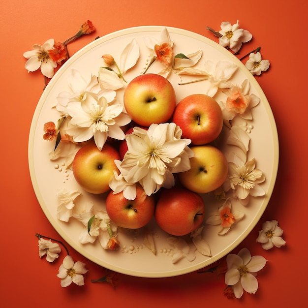 A plate with apples and flowers