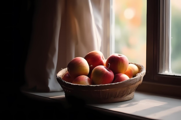 A plate with apples from the garden stands by the window