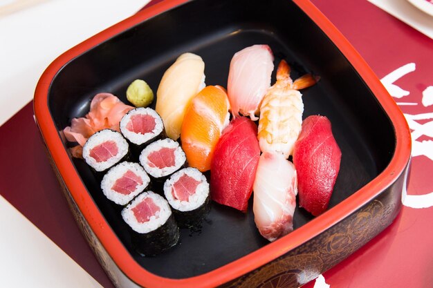 Plate with assorted Japanese sushi.