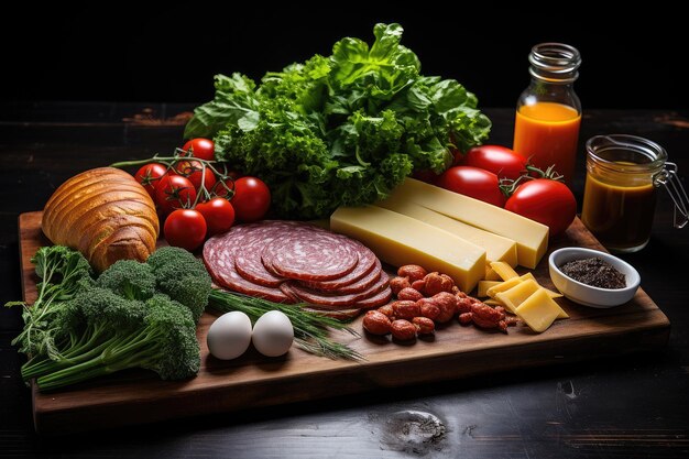 Photo plate with assortment of tasty deli meats and cheese on black background