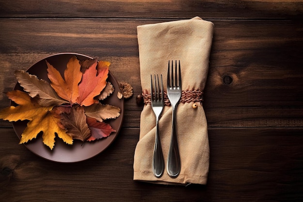 Тарелка с осенними листьями и вилка на ней