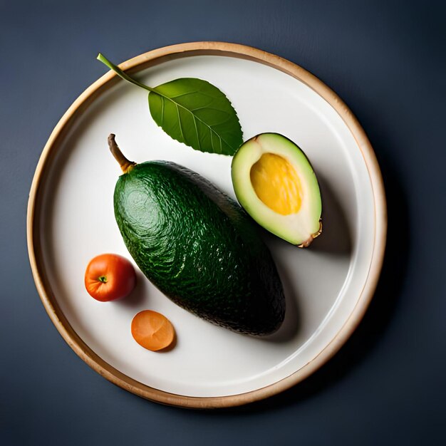 A plate with avocado and two oranges on it