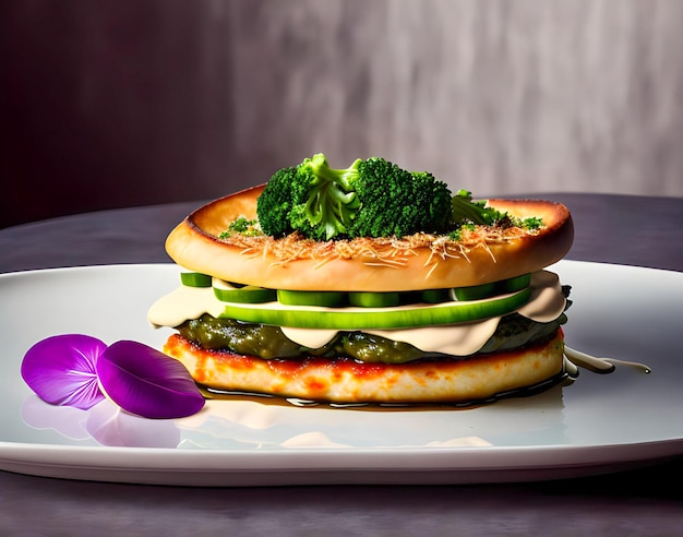 A plate with a bagel and a flower on it