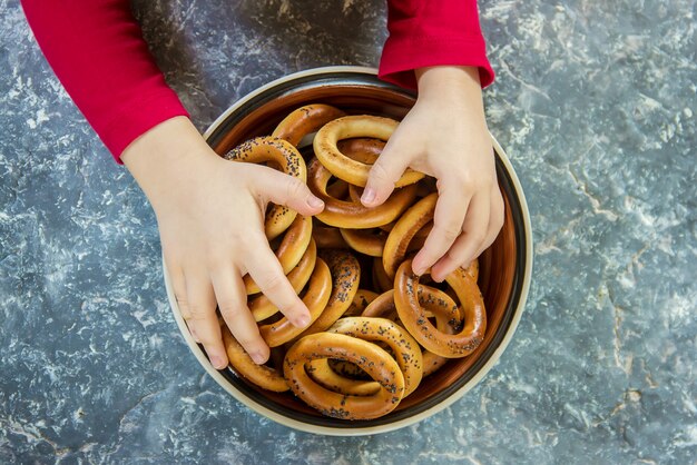 Plate with bagels. Selective focus.