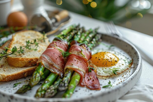 Plate with baked asparagus wrapped in Parma ham an egg and toast next to it