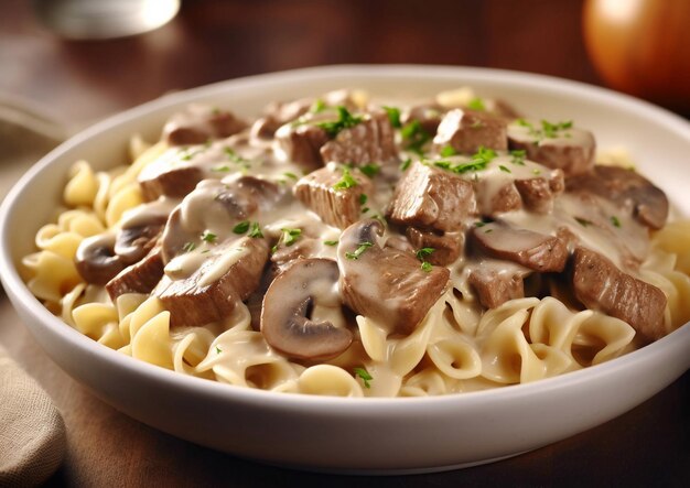 Photo plate with beef stroganoff and pasta with sour cream gravy sauce on kitchen tableai generative