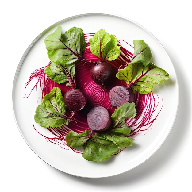 a plate with beets and a salad sage in the style of aerial view