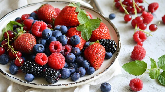 Plate with berries on the table selective focus Generative Ai