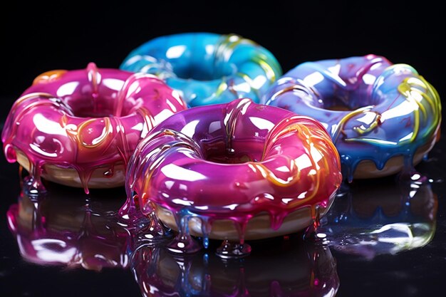 Plate with bitten glazed donuts on a wooden table