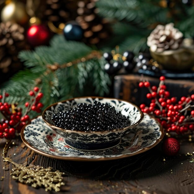 plate with black sturgeon caviar with christmas decorations background