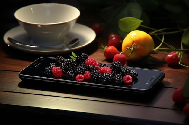 Photo a plate with a blackberry on it and a plate of fruits