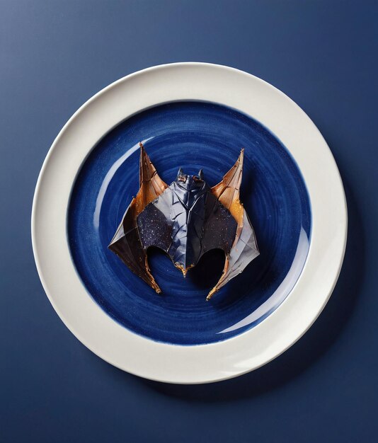 Photo a plate with a blue rim and a white plate with a paper boat on it