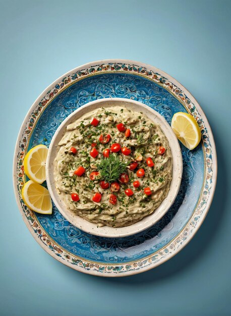 Photo a plate with a bowl of food that has a green sauce on it