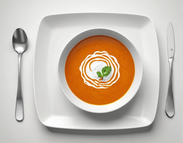 Photo a plate with a bowl of soup and spoons