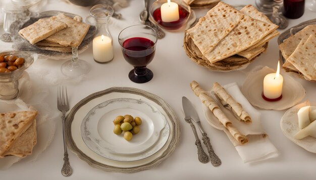 Photo a plate with bread and grapes on it is next to a plate with a candle