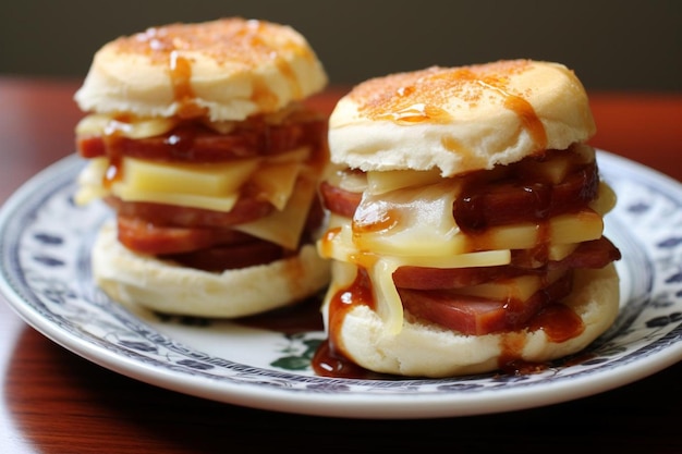 Photo a plate with breakfast sandwiches and cheese on it