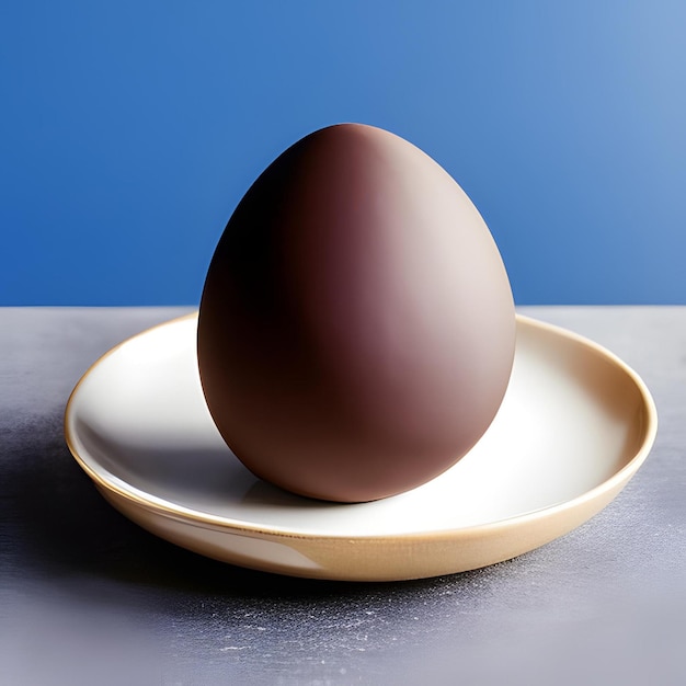 A plate with a brown egg on it and a blue background.