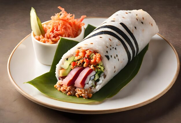 Photo a plate with a burrito and some other food on it