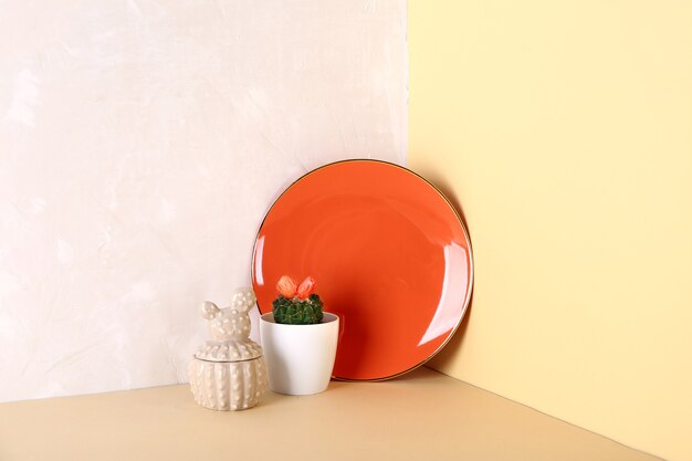 Plate with cactus in pot on table