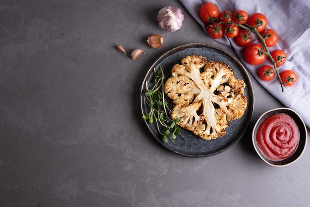 Plate with cauliflower steak, tomato sauce and vegetables.