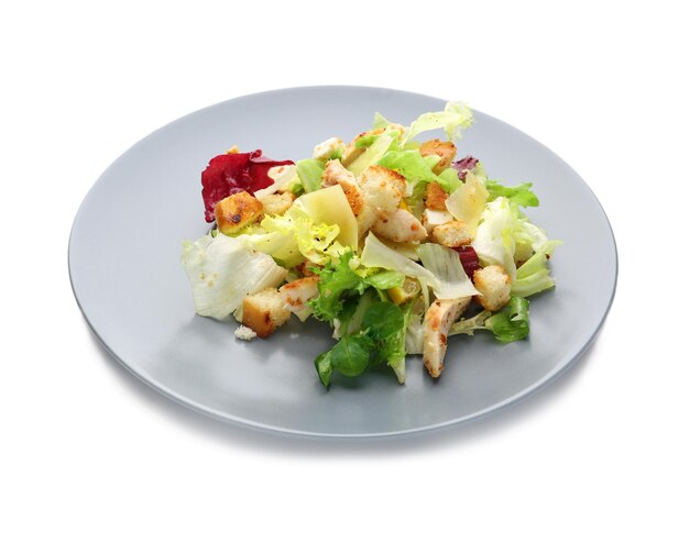 Plate with chicken salad on white background