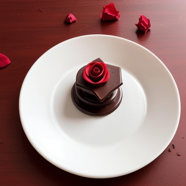 Photo a plate with a chocolate covered rose on it