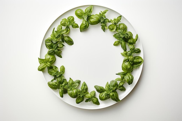 a plate with a circular border that says basil on it.