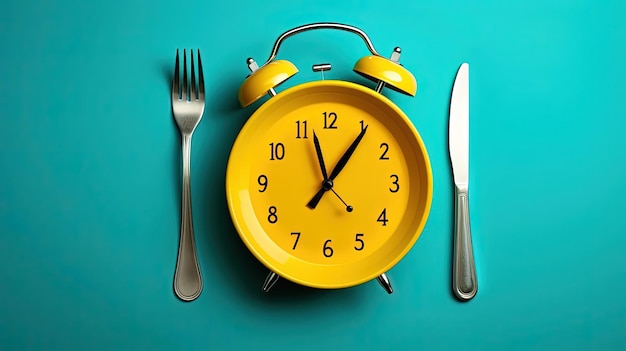 시계 포크와 나이프가 테이블 위에 놓여 있는 접시