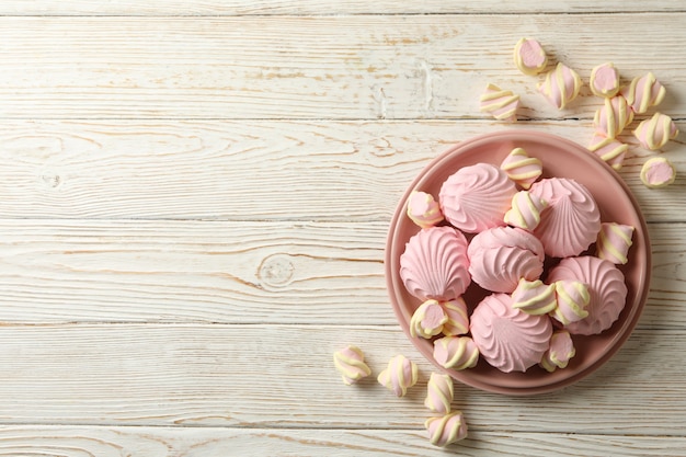 Plate with colorful sweet marshmallow pile