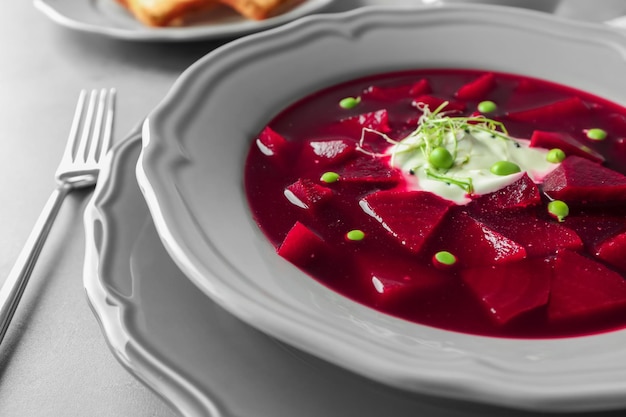 Foto piatto con il primo piano delizioso della zuppa di barbabietole