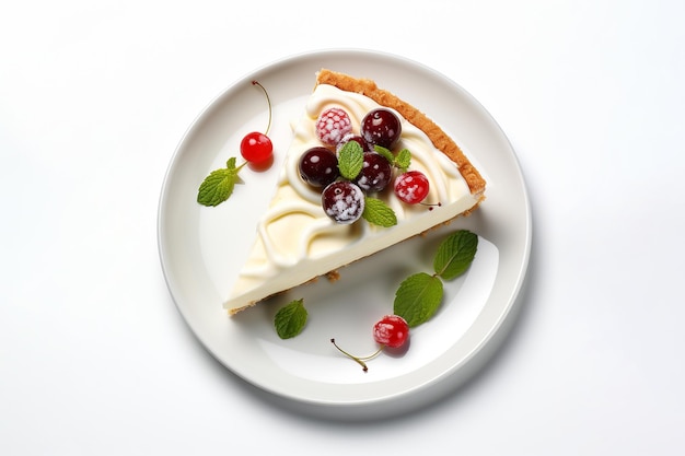 Plate with delicious cheesecake slice on white background