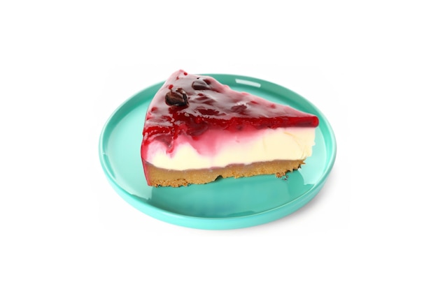 Photo plate with delicious cheesecake slice on white background