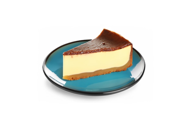 Plate with delicious cheesecake slice on white background