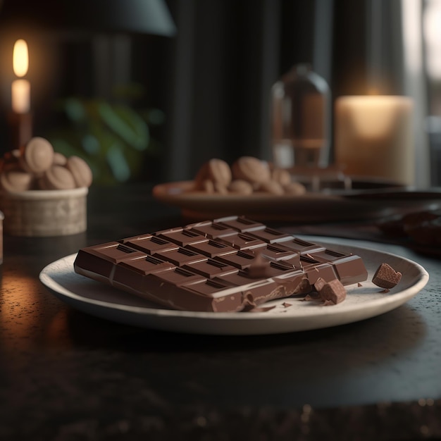 Plate with delicious chocolate bars and nuts on table closeup 3d render