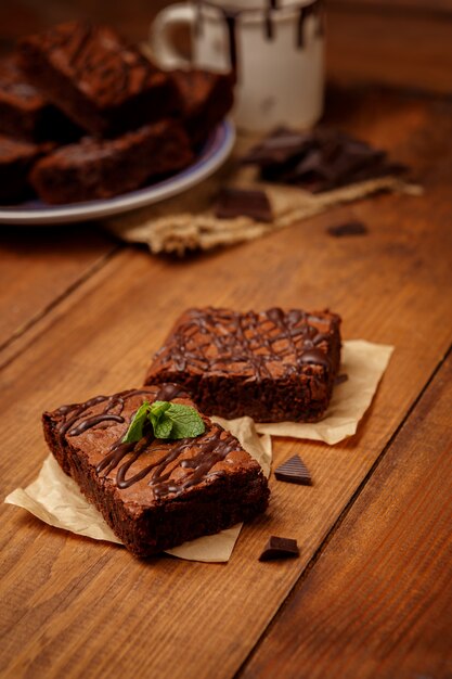 Plate with delicious chocolate brownies