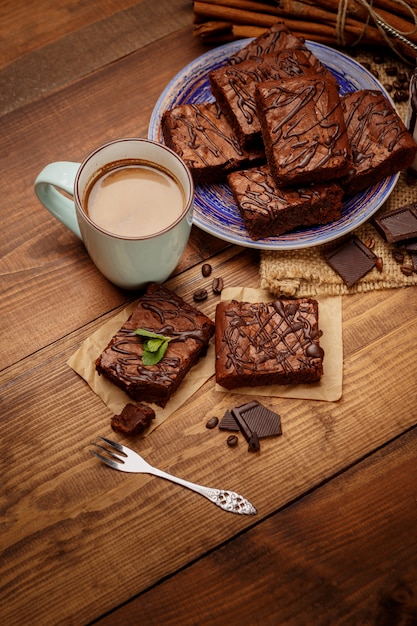 Plate with delicious chocolate brownies