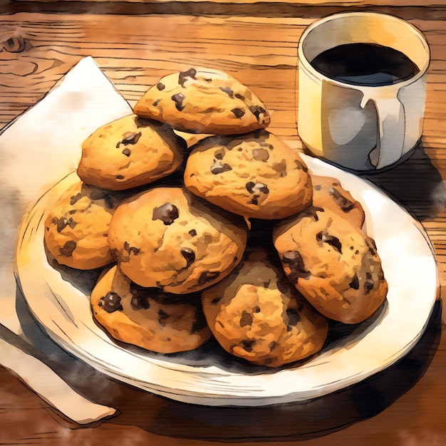 Plate with delicious chocolate chip cookies on wooden table in the style of watercolors