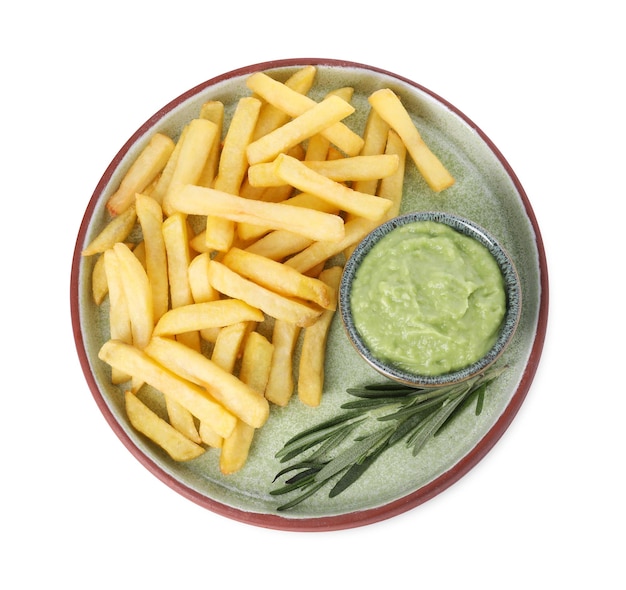 Plate with delicious french fries avocado dip and rosemary isolated on white top view