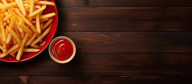 Photo a plate with delicious golden french fries and ketchup is placed on a dark wooden background seen
