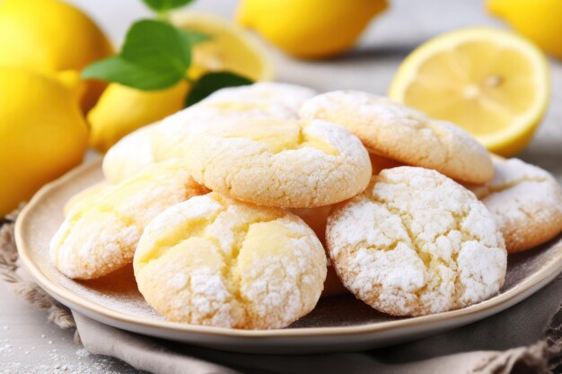 Plate with delicious lemon cookies on table closeup