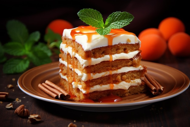 Plate with delicious sliced carrot cake closeup